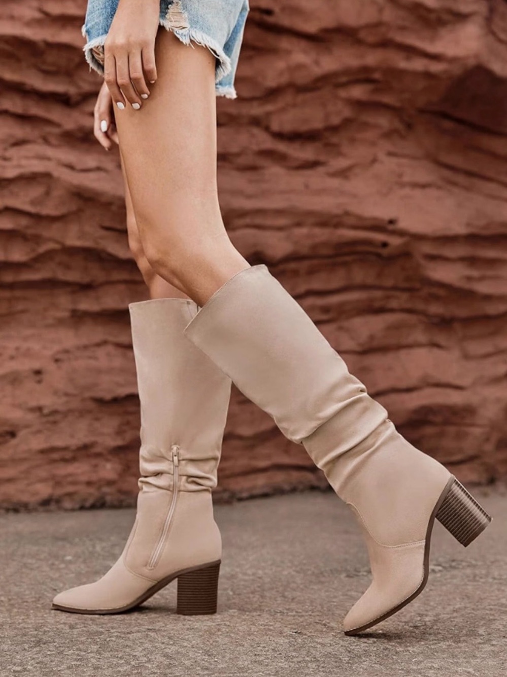 Brand New! Knee-High Slouch Block Heel Boots in Beige (Size: 7)